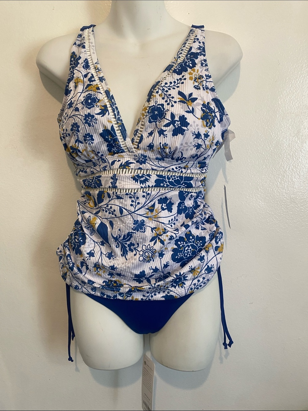 Cupshe Blue White Floral Tankini with Yellow Accents